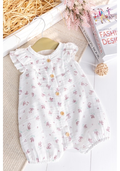 Babymod Çiçek Desenli Müslin Yazlık Kız Bebek Tulum Beyaz