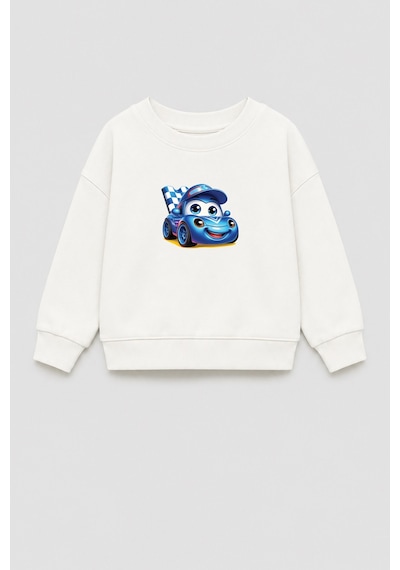 Monila Erkek Çocuk 3 İplik Kumaş Araba Baskılı Pamuklu Sweatshirt Ekru