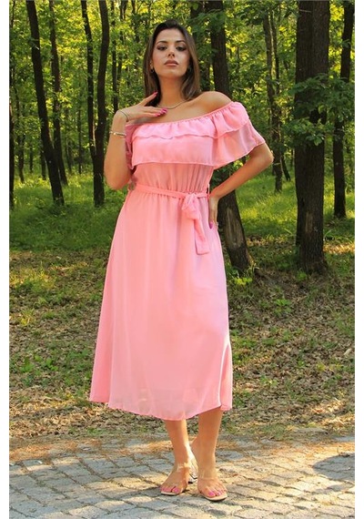 Neşeli Butik Kadın Pembe Kuşaklı Madonna Yaka Baby Shower Elbise Nb8060 Pembe