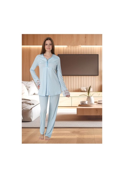 Effortt Dvina Lohusa Hamile Uzun Kollu Pijama Takımı - Mavi Mavi