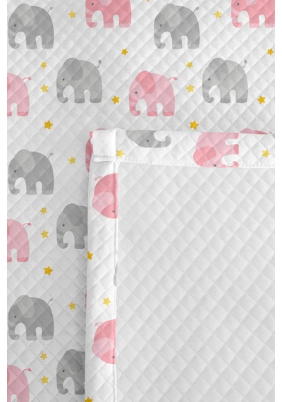 Evimde Bambaşka Fil Geometrik Pembe Kız Çocuk Pike Takımı - Gri Sarı Bebek Odası Mevsimlik Yatak Örtüsü - 160x220  CM