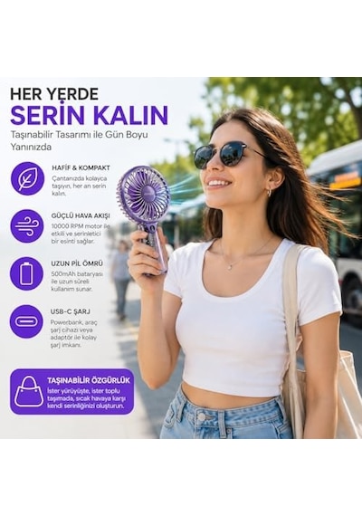 Taşınabilir Mini El Vantilatörü, Usb-c Şarjlı, Şeffaf Tasarım, 5 Kademeli Sessiz Soğutma, Hafif Ve Kompakt Masaüstü Serinletici