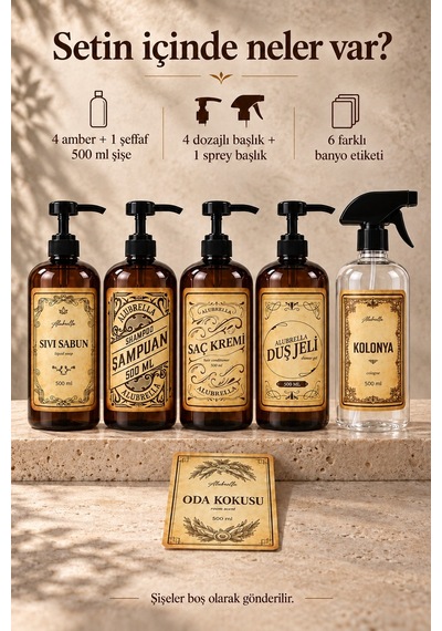 Alubrella 500 Ml 4 Amber Pompalı Ve 1 Şeffaf Sprey Boş Şişe Seti Ve Banyo Etiketleri