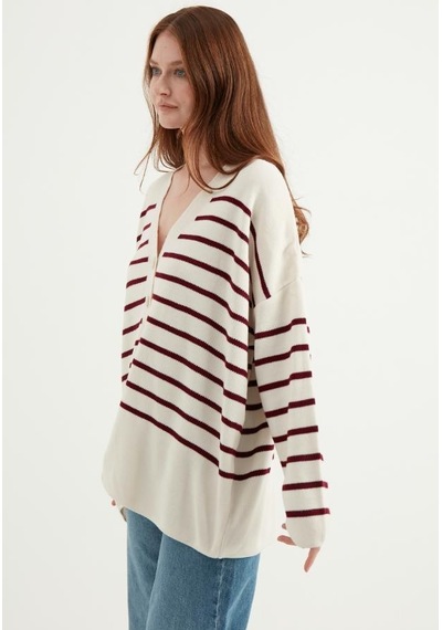 Cizgili Oversize Ekru Hırka 23aj0050 Ekru