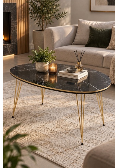 Sulorahome Oval Mermer Desenli Siyah Orta Sehpa Gold Metal Ayaklı