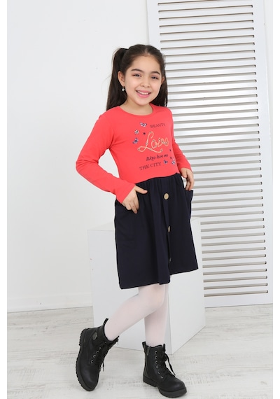 Toontoy Kız Çocuk Beauty Love Baskılı Elbise Nar Çiçeği