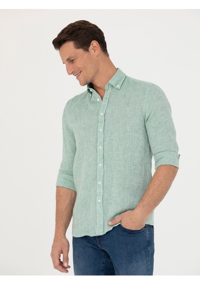 Cacharel Haki Slim Fit %100 Keten Gömlek Yeşil