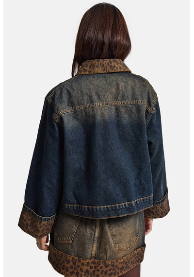 Kadın T.kot Rengi 2w6-8 Oversize Kemer Boy Leopar Detaylı Tasarım Denim Ceket