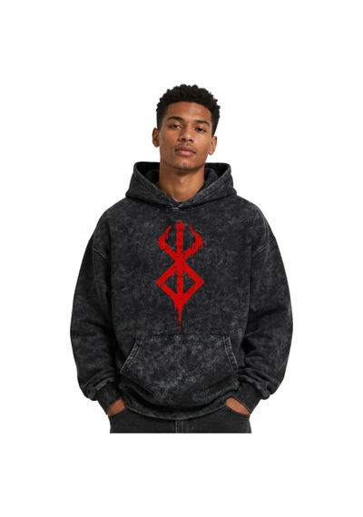 Sevbano Berserk Guts Anime Baskılı Unisex Oversize Yıkamalı Premium Hoodi Siyah