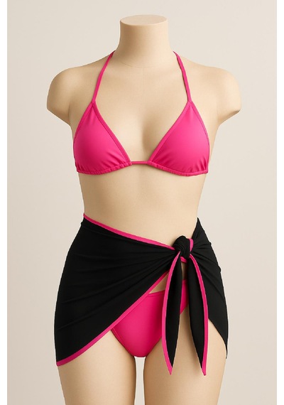 Angbutik Kadın Fuşya Siyah Pareolu Yandan Ve Boyundan Bağlamalı 3'lü Bikini Takımı