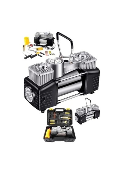 Moonshop Çift Pistonlu Araç Lastik Şişirme Kompresörü, Çok Renkli, 12v, 150 Psı, Led Aydınlatmalı, Taşıma Ça
