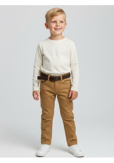 Zekids Erkek Çocuk Kemerli Gabardin Pantolon-16347 Bej