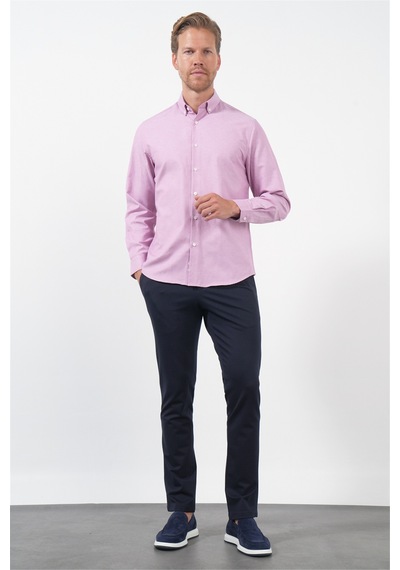 İmza Mor Düğmeli Yaka Uzun Kol Slim Fit Pamuklu Gömlek 1004260235 Açık Lila