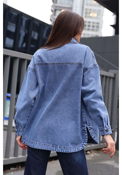 Hiccup Bdart Oversize Denim Ceket, Gömlek Yaka Ve Cep Detaylı Lacivert