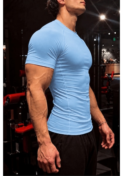 Genius Store Erkek Dalgıç Kumaş Compression Spor Tişört Muscle Body Fit Gym Antrenman T-shirt Compression-t-shirt Mavi