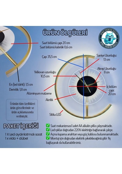 Upway 3 Renk Led Aydınlatmalı 35 Cm Modern Dekoratif Duvar Saati Sessiz Çalışma Altın