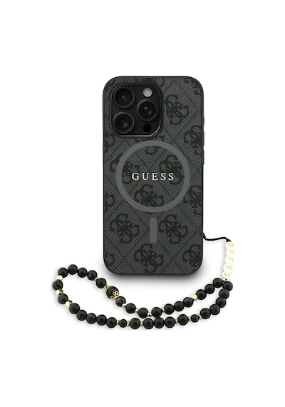 Apple iPhone 15 Pro Max Uyumlu Kılıf Guess Lisanslı M safe Bilek Askı İpli Yazı Logolu Kapak Siyah