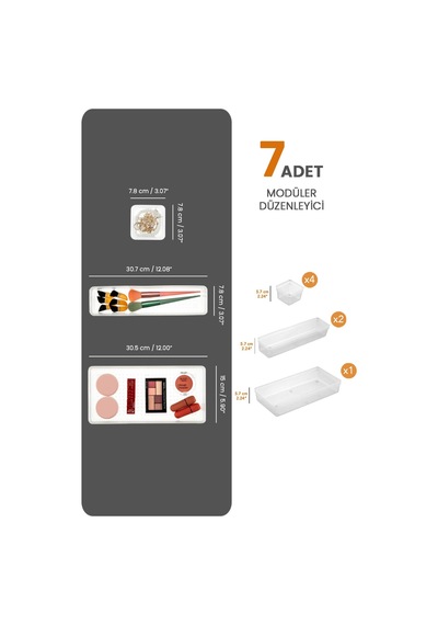 7'li Modüler Çekmece Içi Düzenleyici, Banyo Makyaj Ve Takı Düzenleyici - Ofis Masaüstü Organizer Şeffaf