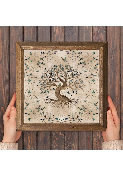 Pinecone Hayat Ağacı Taş Duvar Tablosu - Ahşap Çerçeveli Taş Tablo - 25x25 Cm - Dekoratif Duvar Sanatı - Modern Ev Ve Ofis Duvar Dekoru W1-07