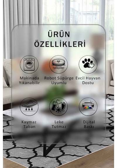 Yıkanabilir Kaymaz Taban Dijital Baskılı Halı Ve Yolluk Leke Tutmaz Salon & Mutfak Halısı - 0510 Gri