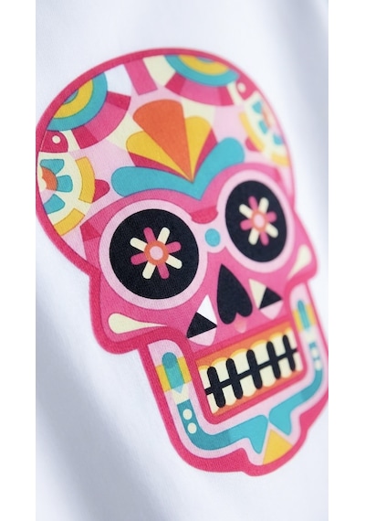 Hoxie Kadın Beyaz Renkli Meksika Kurukafası Calavera Baskılı Bisiklet Yaka Oversize Tişört