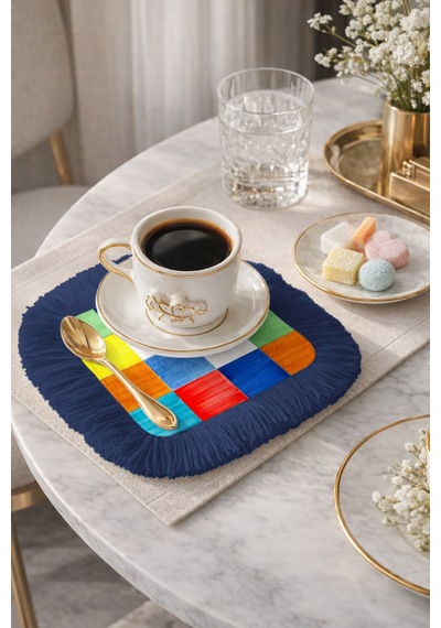 Renkli Patchwork Saçaklı Sunum Servis Altlığı Mendil - Modern Enerjik Lacivert Sunumluk Peçete Gün Batımı Krem