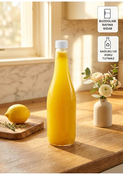 1 Adet Uzun Şeffaf Cam Sürahi Limonata, Süt, Ayran, Su Ve Meşrubat Şişesi Sızdırmaz Kapaklı Şişe - Beyaz