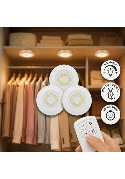 3'lü Uzaktan Kumandalı Yapışkanlı Spot Led Lamba Beyaz Işık Ayarlanabilir