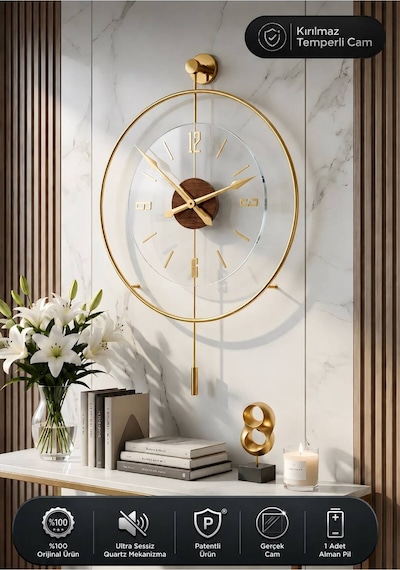 Metaquartz Aksesuar Masif - Luxry Şefaf Tamperli Kırılmaz Cam - 50 Çap - Quartz Mekanizma - Metal Duvar Saati Gold