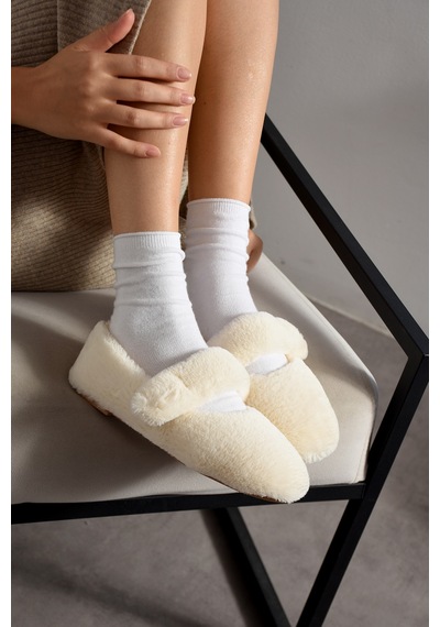 Nmoda Ultra Yumuşak Peluş Kadın Ev Babeti Ses Yapmaz Hafif Taban Panduf Ekru