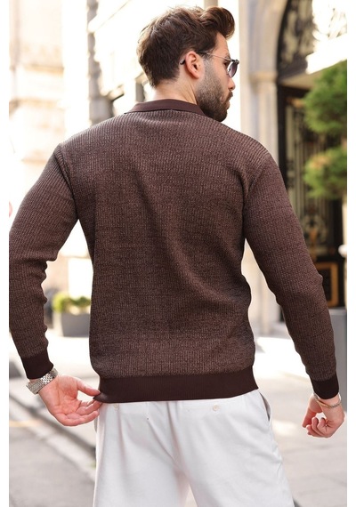 Madmext Kahverengi Polo Yaka Dokulu Erkek Triko Kazak E7511 Kahverengi/açık Kahverengi