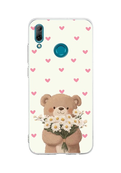 Huawei P Smart 2019 Uyumlu Papatya Tutan Sevimli Ayıcık Baskılı Silikon Kılıf Renkli