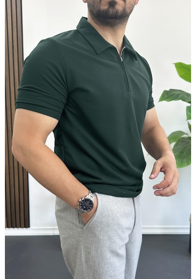 Erkek Yakası Ve Kolu Nakış Detaylı Polo Yaka Fermuarlı Tişört Yeşil Edw392 YESIL