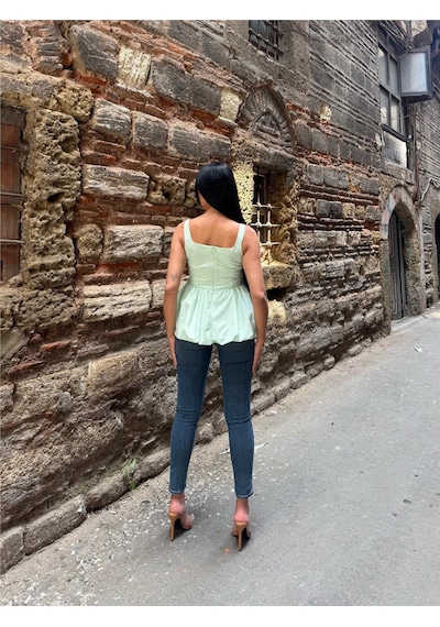 WeShaya Mint Pamuk Polyester Kare Yaka Bluz Mint