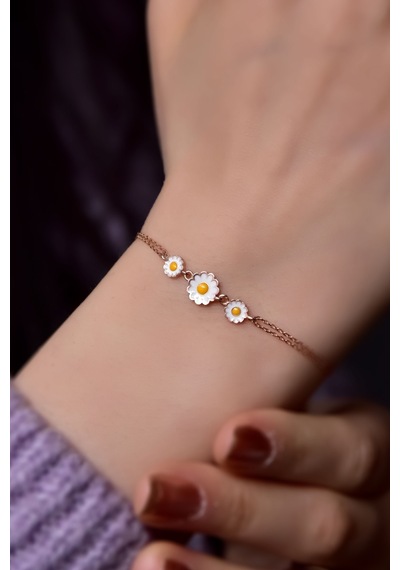 Papatya Silver 925 Ayar Gümüş Rose Kaplama Mineli Süzme Üç Papatya Bileklik