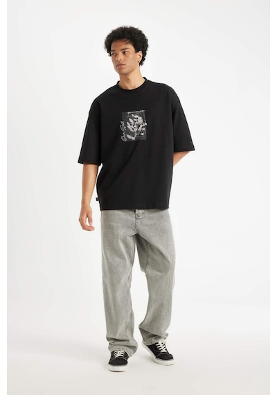 DeFacto Siyah Loose Fit Bisiklet Yaka Çiçek Baskılı Ağır Kumaş Kısa Kollu Tişört C7056AX24AUBK81