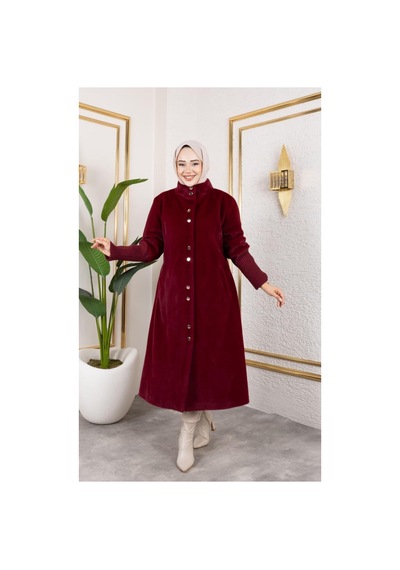 Hb Harma Time Butik Kadın Astarlı Angora Düğmeli Bordo Kaban Bordo Bordo