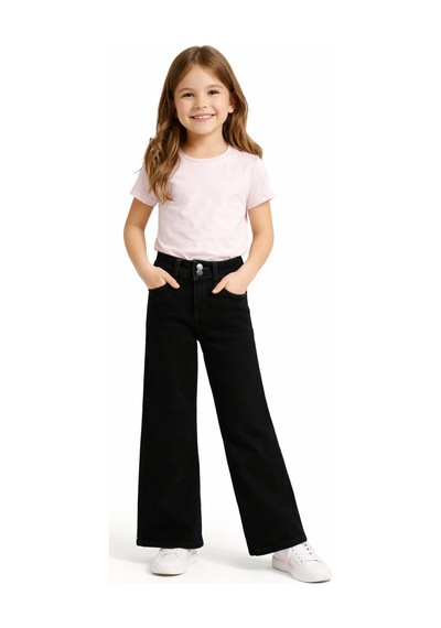 İrem Çocuk Giyim Kız Çocuk Geniş Paça Model Çift Düğme Detaylı Fermuar Kapamalı Eskitme Desenli Siyah Renk Kot Pantolon Siyah İrem Çocuk Giyim Kız Çocuk Geniş Paça Model Çift Düğme Detaylı Fermuar Kapamalı Eskitme Desenli Siyah Renk Kot Pantolon Siyah