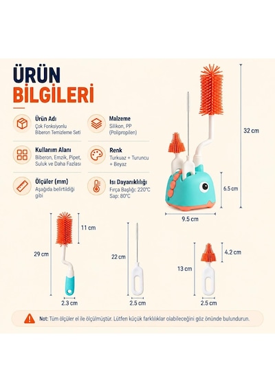 3'lü Dinazor Biberon Temizleme Fırça Seti Silikon Biberon, Emzik Ve Pipet Fırçası Yeşil
