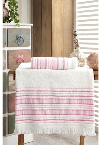 Louis Marie Saçak Detaylı Pamuklu Banyo Havlu Seti 2'li Pudra 50 x 90 + 70 x 140 CM Pudra