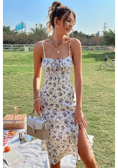 Efnaz Style Kadın Ip Askılı Yakadan Bağcıklı Desenli Süprem Elbise Bej