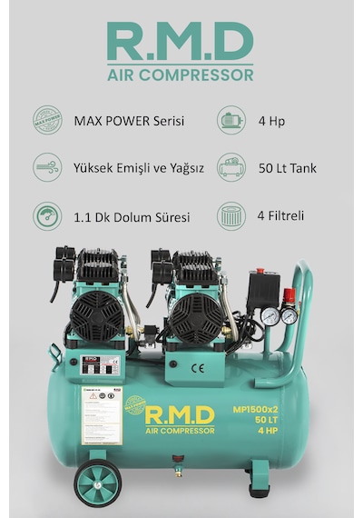 R.m.d Kompresör 50 Lt Yüksek Emişli Yağsız Teknoloji Hava Kompresörü Mp1500ıx2