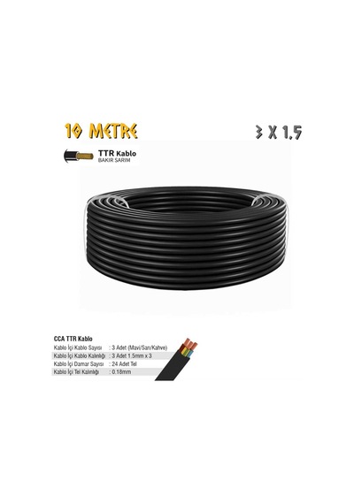 Sgs Elektrik Tesisat Kablosu - 3x1.5 Cca Ttr 24x0.18 - Siyah - 10 Mt.