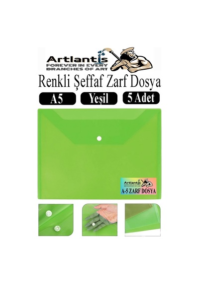 Yeşil A5 Çıtçıtlı Dosya Şeffaf Renkli Zarf Dosya 5 Adet 17x22 Cm Çıt Çıtlı Dosya Su Geçirmez 50 Yaprak Kapasiteli