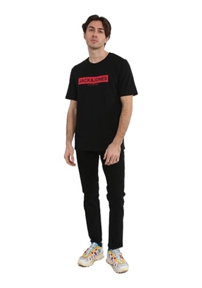 Jack & Jones Pin 12249605 Logo Baskılı Erkek Tişört Siyah