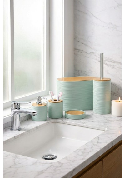 Makri Home 6 Parça Su Yeşili Banyo Seti, Bambu Detaylı, 8l Çöp Kovası 24x26x16 Cm Mint Yeşili