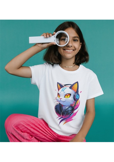 Alpşan Ticaret Kedi Baskılı Tişört Yetişkin Beyaz T-shirt Cat Unisex Çocuk Tişört Beyaz