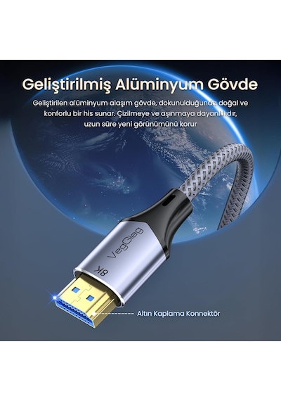 Hdmı 2.1 8k 60hz 4k 120hz 48 Gbps Hdr Earc Hdcp 2.2 Örgülü Ses Ve Görüntü Kablosu 2 Metre Standart