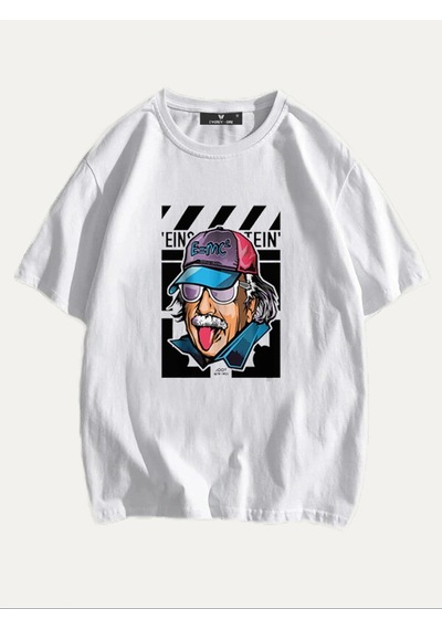 Tarzsokak Unisex Beyaz Einstein Baskılı Oversize Tişört Beyaz
