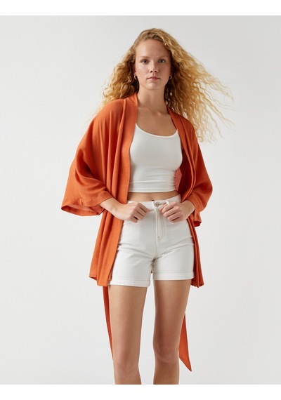 Koton Kuşaklı Midi Boy Kimono Kiremit 2sak50016cw Çok Renkli
